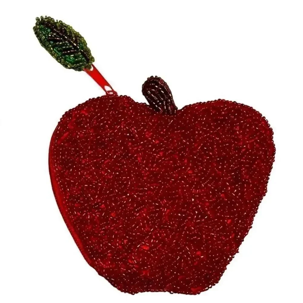 Vintage Apple Coin Purse Red Glass Seed Beads Kitsch Fruit Novelty Zipper Pouch